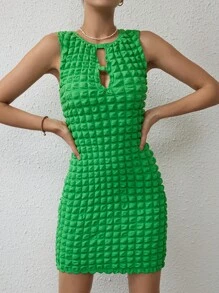 SHEIN Essnce Đầm Cắt ra Xù nhỏ màu trơn Gợi cảm - màu xanh lá - Xem 4