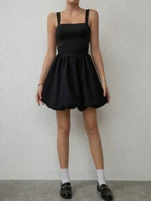 SHEIN Privé Đầm Lộ Lưng Xù màu trơn Giải trí - màu đen - Xem 4