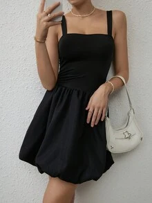 SHEIN Privé Đầm Lộ Lưng Xù màu trơn Giải trí - màu đen - Xem 6