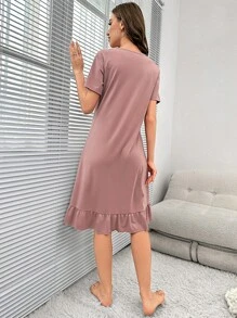 AKIKODRAWS 艺术家卡通和口号图案荷叶边下摆睡裙 - 藕粉色 - 查看 2