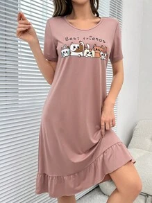 AKIKODRAWS 艺术家卡通和口号图案荷叶边下摆睡裙 - 藕粉色 - 查看 3