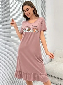 AKIKODRAWS 艺术家卡通和口号图案荷叶边下摆睡裙 - 藕粉色 - 查看 4