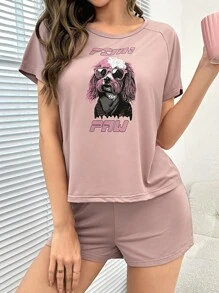 Distorted Dystopia 艺术家卡通和口号图案插肩袖睡衣套装 - 藕粉色 - 查看 1