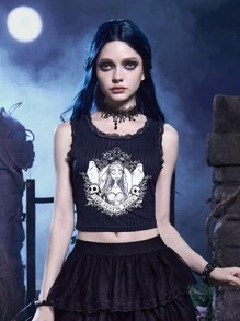 Corpse Bride | ROMWE Top tank con estampado de figura ribete con encaje - Azul Marino - Ver 1