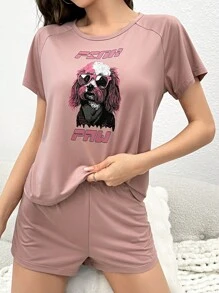 Distorted Dystopia 艺术家卡通和口号图案插肩袖睡衣套装 - 藕粉色 - 查看 6