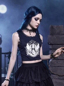 Corpse Bride | ROMWE Top tank con estampado de figura ribete con encaje - Azul Marino - Ver 2