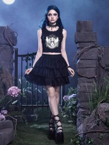 Corpse Bride | ROMWE Top tank con estampado de figura ribete con encaje - Azul Marino - Ver 3