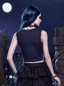 Corpse Bride | ROMWE Top tank con estampado de figura ribete con encaje - Azul Marino - Ver 5