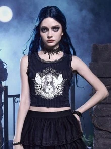 Corpse Bride | ROMWE Top tank con estampado de figura ribete con encaje - Azul Marino - Ver 6