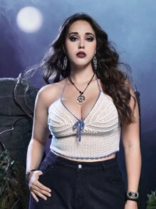 ROMWE Goth Plus Size Summer Crochet Tie Front Tie Backless Halter Knit Top - Beige - View 1