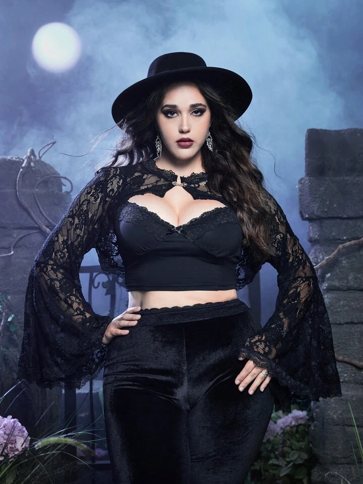 Our Goth Plus Flare Sleeve Super Crop Lace Top Without Bra is such
