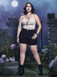 ROMWE Goth Plus Size Summer Crochet Tie Front Tie Backless Halter Knit Top - Beige - View 5