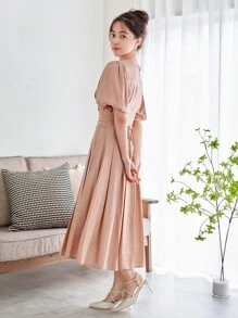 DAZY 素色泡泡袖百褶下擺洋裝 - 杏色 - 查看 2