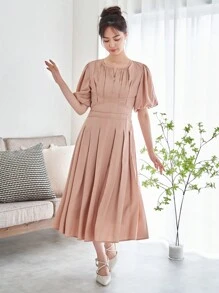 DAZY 素色泡泡袖百褶下擺洋裝 - 杏色 - 查看 5