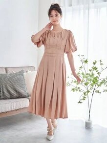 DAZY 素色泡泡袖百褶下擺洋裝 - 杏色 - 查看 6