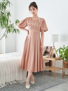 DAZY 素色泡泡袖百褶下擺洋裝 - 杏色 - 查看 7