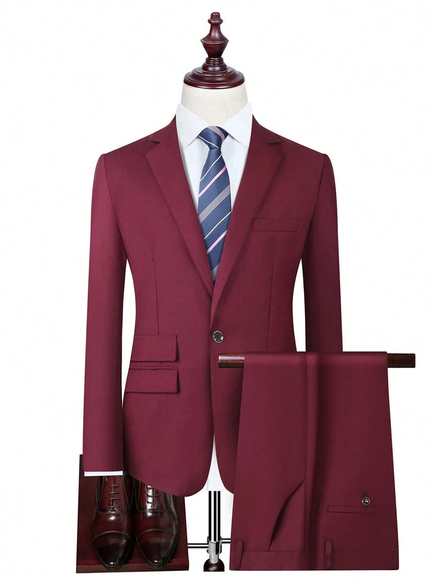 Manfinity Mode Nam 1 Miếng Cổ áo Nút đơn Áo vest & 1 Miếng Quần tây - Màu Đỏ Sâu - Xem 1