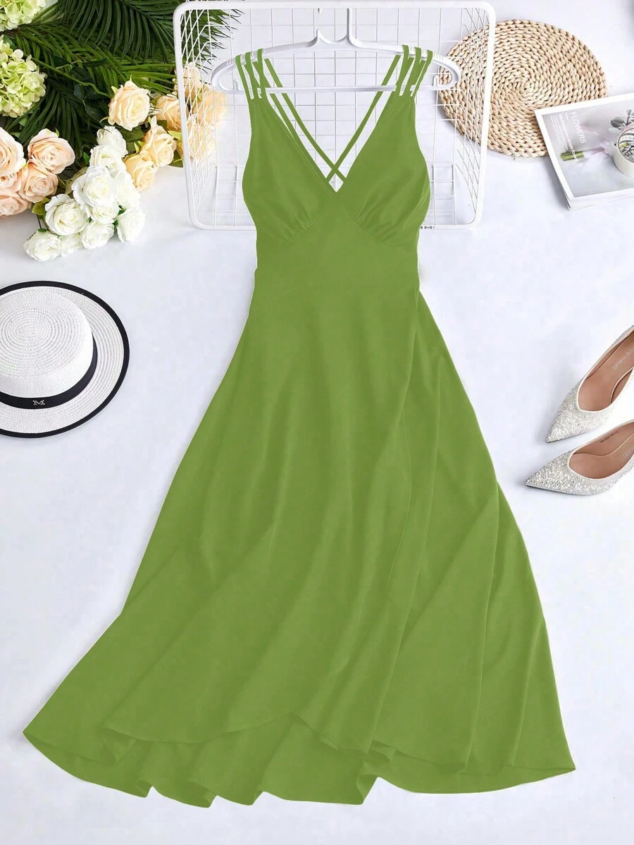 SHEIN Clasi 大碼交叉露背吊帶洋裝 - 綠色 - 查看 1