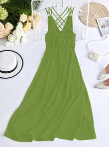 SHEIN Clasi 大碼交叉露背吊帶洋裝 - 綠色 - 查看 2