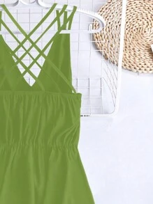 SHEIN Clasi 大碼交叉露背吊帶洋裝 - 綠色 - 查看 4
