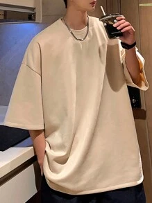 Manfinity Hypemode 男士休闲纯色落肩超大 T 恤 - 杏色 - 查看 3