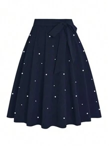 Celure Plus Pearls Beaded Knot Front Skirt - Navy Blue - View 1
