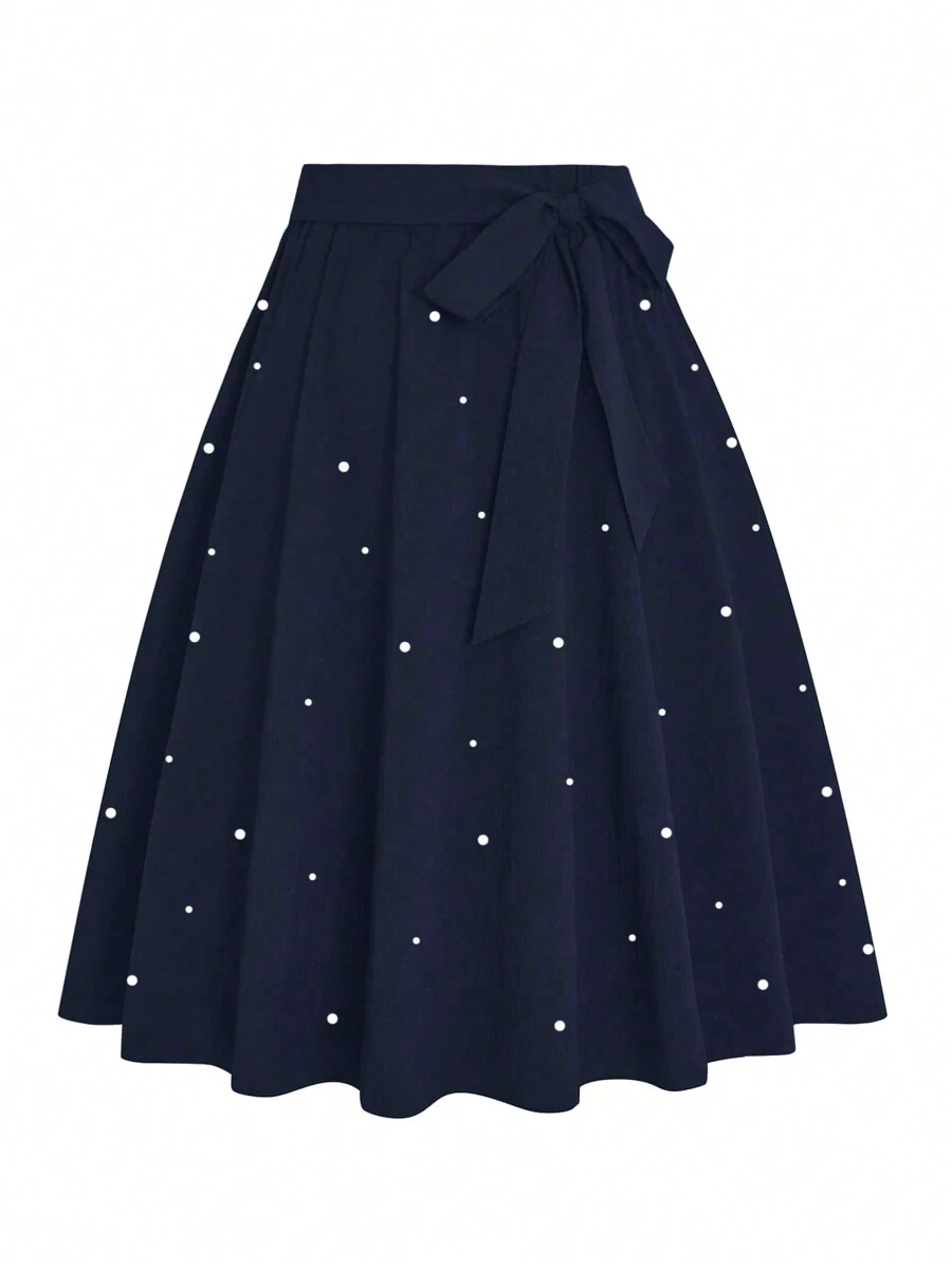 Celure Plus Pearls Beaded Knot Front Skirt - Navy Blue - View 1