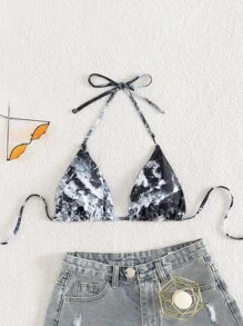 Tie Dye Halter Triangle Bikini Top - Multicolor - View 1