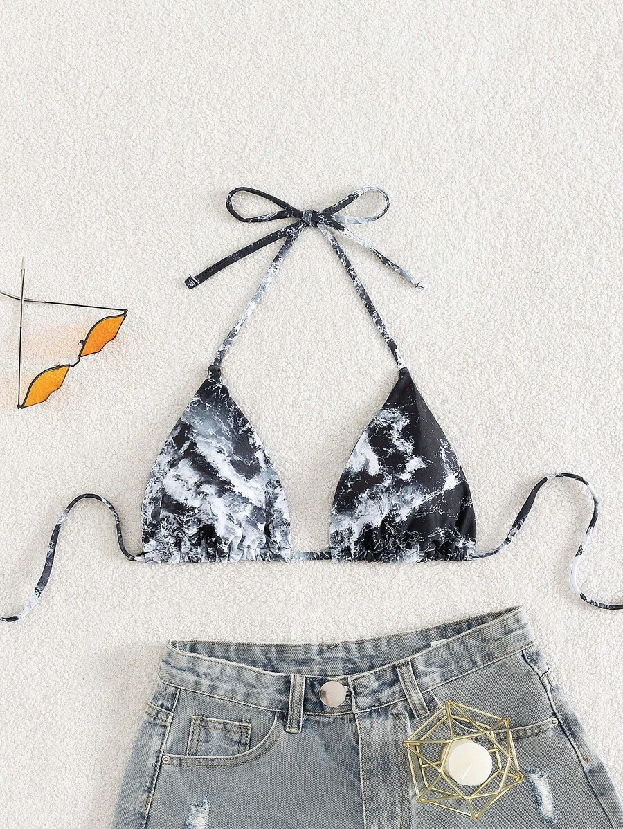 Tie Dye Halter Triangle Bikini Top - Multicolor - View 1