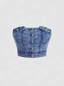 SHEIN MOD Plus Button Through Denim Tube Top - Medium Wash - View 1