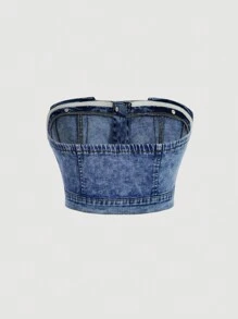 SHEIN MOD Plus Button Through Denim Tube Top - Medium Wash - View 2