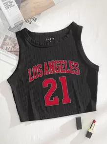 INAWLY Letter Graphic Crop Tank Top - Black - View 1