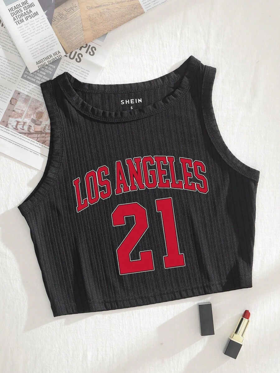 INAWLY Letter Graphic Crop Tank Top - Black - View 1