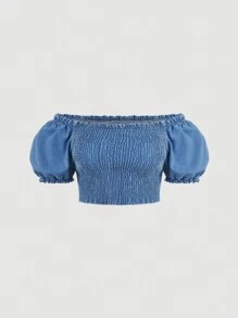SHEIN MOD Plus Off Shoulder Puff Sleeve Frill Trim Crop Denim Top - Medium Wash - View 1