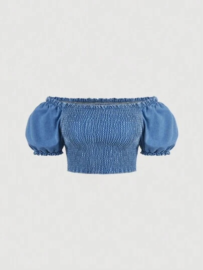 SHEIN MOD Plus Off Shoulder Puff Sleeve Frill Trim Crop Denim Top