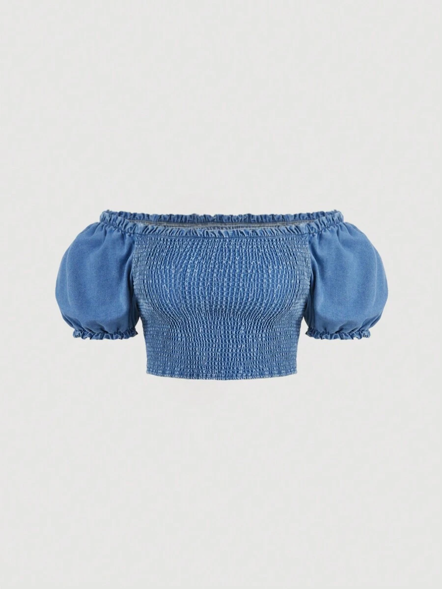 SHEIN MOD Plus Off Shoulder Puff Sleeve Frill Trim Crop Denim Top - Medium Wash - View 1
