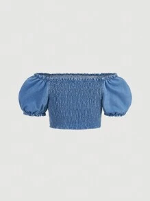 SHEIN MOD Plus Off Shoulder Puff Sleeve Frill Trim Crop Denim Top - Medium Wash - View 2