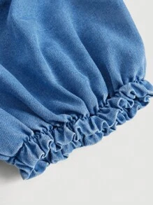 SHEIN MOD Plus Off Shoulder Puff Sleeve Frill Trim Crop Denim Top - Medium Wash - View 3