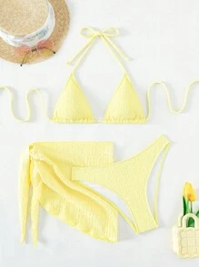 Swim Mod Summer Beach Plain Halter Triangle Bikini Set With Beach Skirt - Yellow - View 5