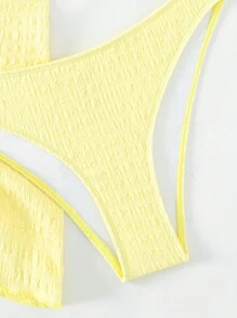 Swim Mod Summer Beach Plain Halter Triangle Bikini Set With Beach Skirt - Yellow - View 7