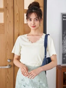 DAZY 素色蕾絲邊條紋針織T恤 - 白色 - 查看 2