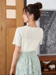 DAZY 素色蕾絲邊條紋針織T恤 - 白色 - 查看 3