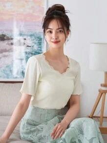 DAZY 素色蕾絲邊條紋針織T恤 - 白色 - 查看 5