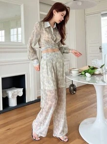 DAZY 紮染後綁帶短款襯衫和闊腿褲 - 綠色 - 查看 4