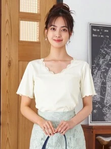 DAZY 素色蕾絲邊條紋針織T恤 - 白色 - 查看 7