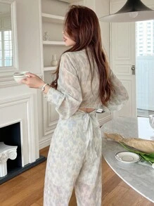 DAZY 紮染後綁帶短款襯衫和闊腿褲 - 綠色 - 查看 2