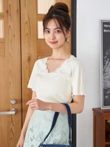 DAZY 素色蕾絲邊條紋針織T恤 - 白色 - 查看 8