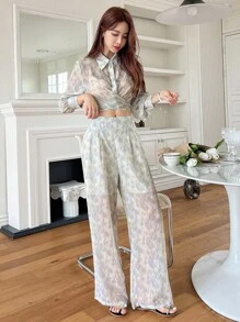 DAZY 紮染後綁帶短款襯衫和闊腿褲 - 綠色 - 查看 7