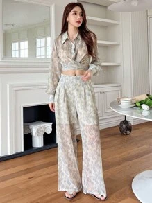 DAZY 紮染後綁帶短款襯衫和闊腿褲 - 綠色 - 查看 5