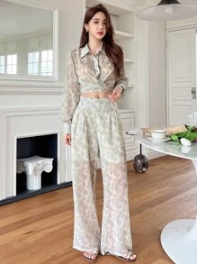 DAZY 紮染後綁帶短款襯衫和闊腿褲 - 綠色 - 查看 6